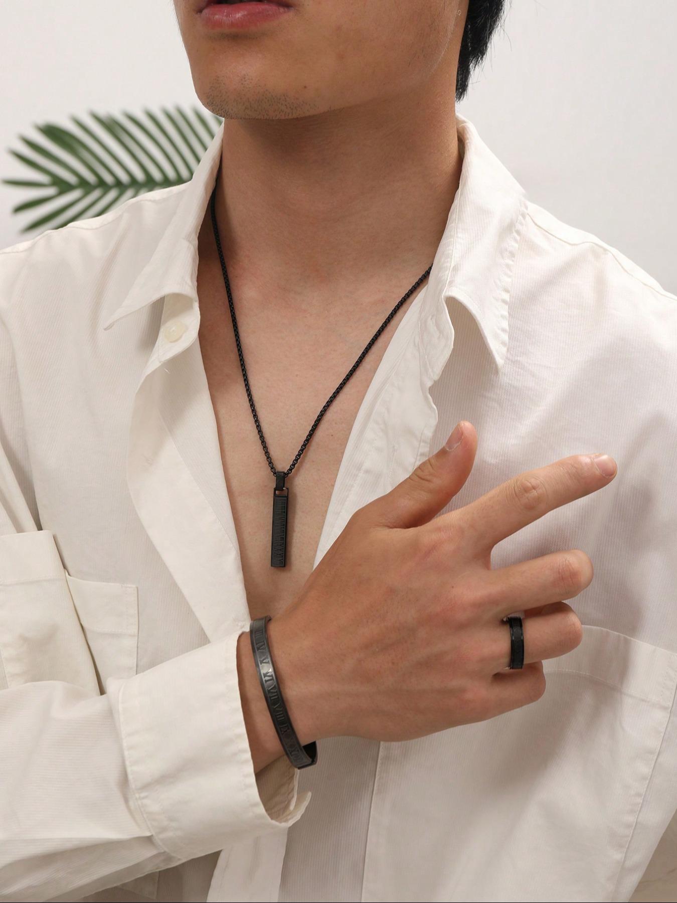 Men's Minimalist Temperament Stainless Steel Jewelry Set, Casual Trendy Letters Engraving Pendant Necklace & Bangle & Ring, Fashion Accessories for Daily Wear
