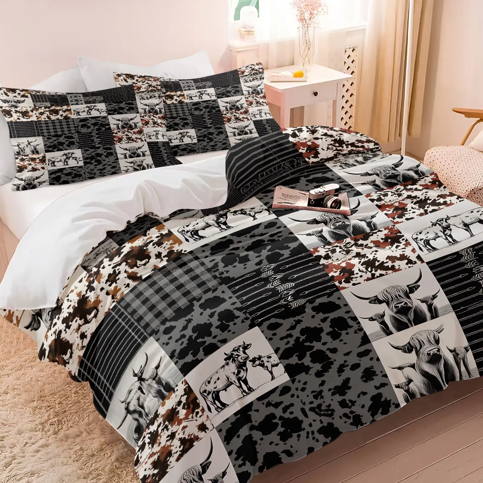 2/3Pcs Western Highland Cow Patchwork Duvet Cover Set, No Insert, Rustic Vintage Cowhide Plaid Bedding Comfy Bed Sets with Pillowcases Farmhouse Cowboy Decor for Cabin Country Dorm Bedroom Gift