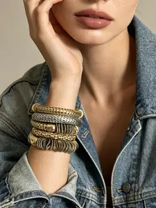 Women's 5-Piece Stackable Stretch Bracelet Set, Bold Mixed Metal Design, Fashion Layered Jewelry, Ideal Gift for Holidays or Birthdays