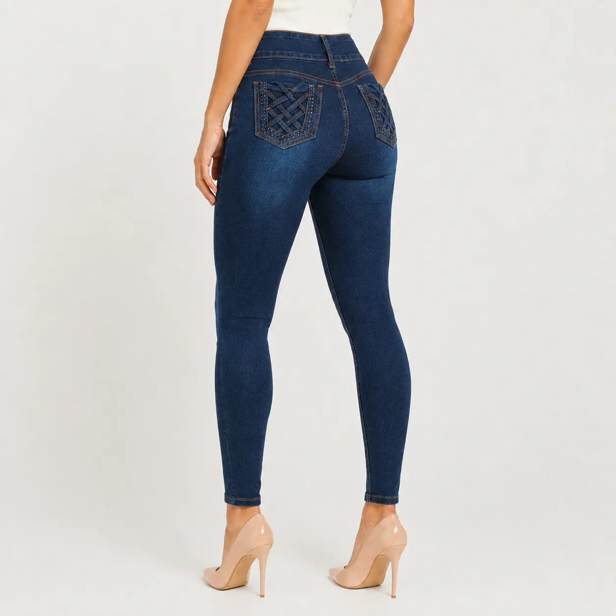 Women's High-Waist Basic Everyday Skinny Jeans - Casual Separate Colors Denim Trousers, Slim Fit Dark Blue, Back Pockets, Tapered Leg, Cross-Stitch Woven Fabric, All Seasons Wear, Jacket, Lady, Jeans For Women, Cross Details Jeans