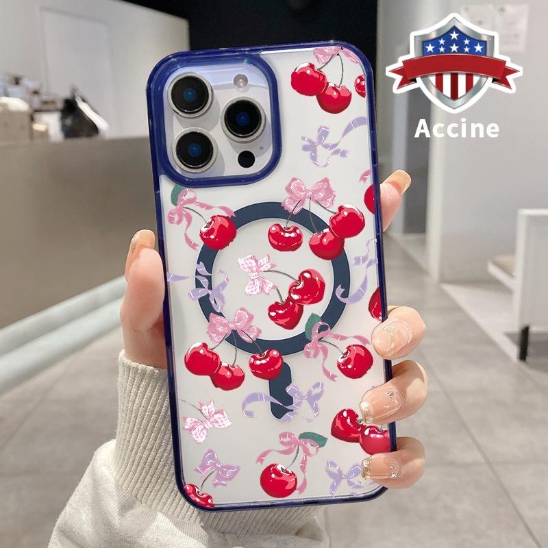 Magnetic Soft Case for iPhone 16 Pro Max 15 Plus 14 13 12 11 XS E XR Cherry - Bow Enchantment Pattern Shockproof ultra-thin Silicone Crystal Transparent Protective Cover Supports Wireless Charging