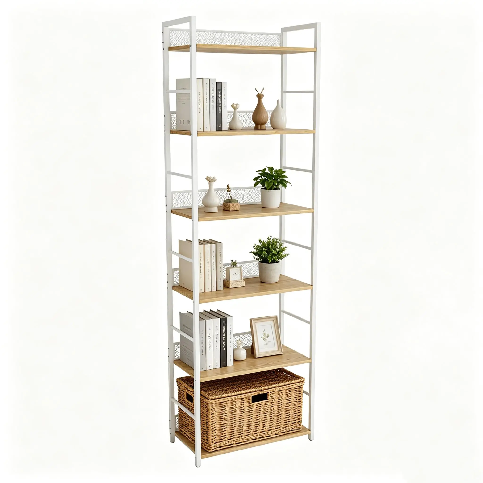 6 Tier Diamond Mesh Storage Shelf Steel Frame Wood Shelves Heavy Duty Display Rack for Living Room Office Kitchen Storage