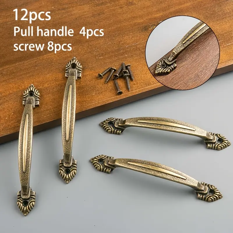 12pcs bronze handle (4 handles +8 screws) is suitable for kitchen and wardrobe doors, furniture handles, drawer handles, hardware accessories, solid structures, iron handles, classic hardware, home decorators and interior designers.