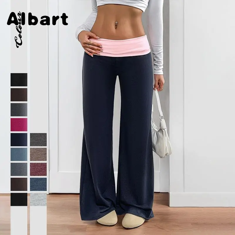 Women Multi Color Fold Over Waistband High Waist Micro Flare Knit Pants, Soft Stretch Slim Bootcut Casual Trousers, Fold Waist Design Knitted Flared Bottoms Suitable For Daily Lounge, Streetwear, Vacation Casual Outfits