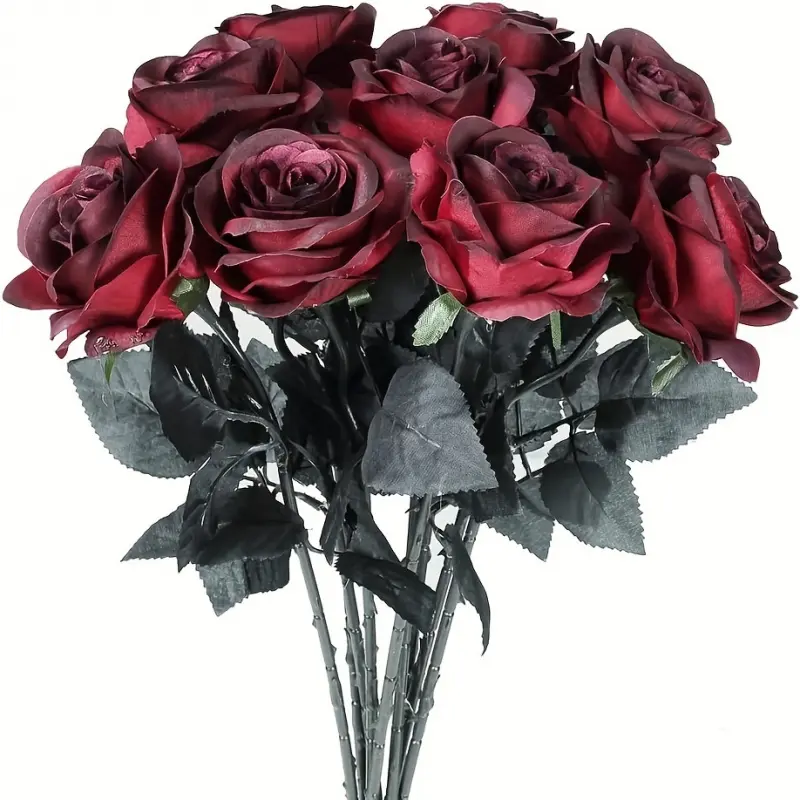 11pcs Realistic Black Red Artificial Roses with Stems Gothic Wedding Halloween Home Office Hotel Decoration Romantic Room Decor Bouquet Accessories Artificial Flower Decorations