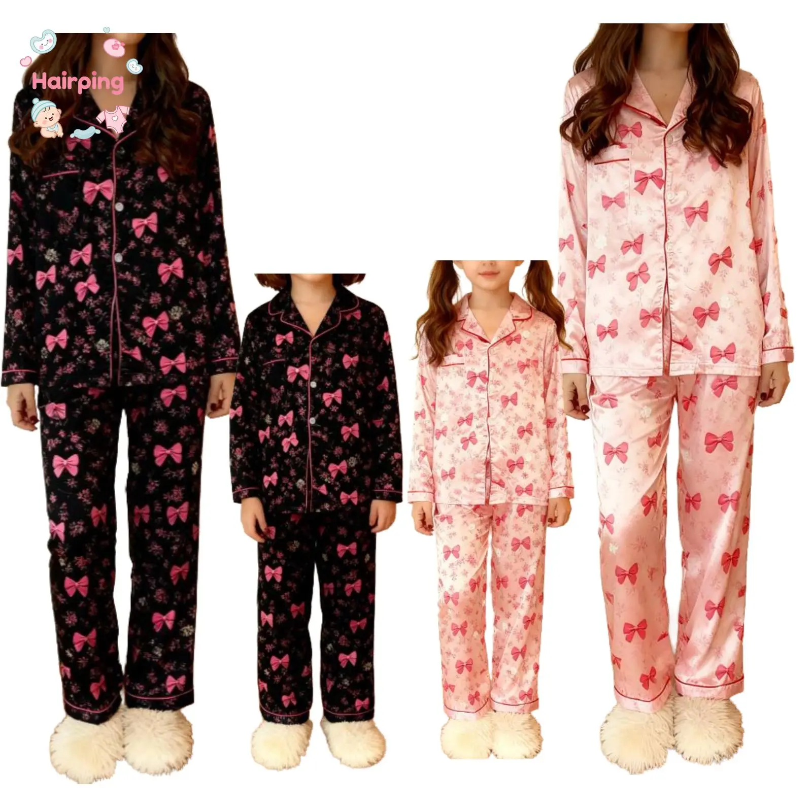 Mommy and Me 2-Piece Satin Matching Sets, Long-Sleeve Turn-Down Collar Tops with Bow Print & Pants, Baby & Maternity Family Sleepwear Gift Sets