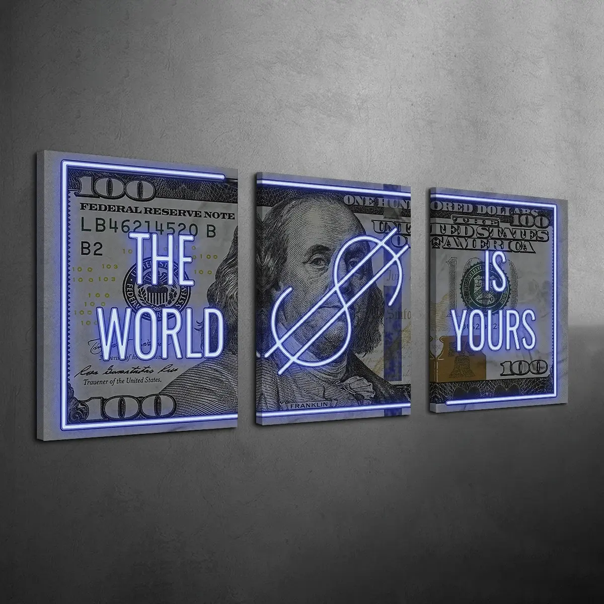 3Pcs Wooden Framed Modern $100 Bill Wall Art, "The World Is Yours" Quote Canvas Posters, Ready To Hang, Inspirational Artwork Wall Painting For Gift, Wall Decor for Bedroom, Living Room, Office, Home And Dormitory Decoration