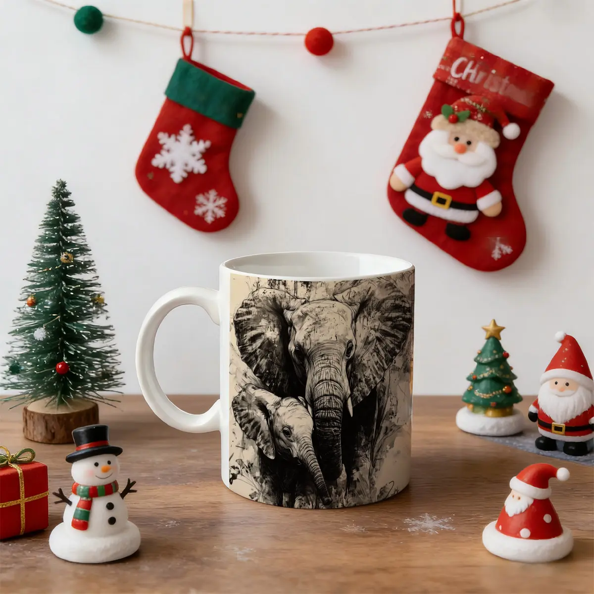 [Elephant Mug Coffee Cup] 1pc- 11oz Ceramic Elephant Mug_ Black and White Sketch Design with Adult Elephants_ High-Quality Nature-Inspired Coffee Cup_ Wildlife Enthusiasts, Elephant Decor
