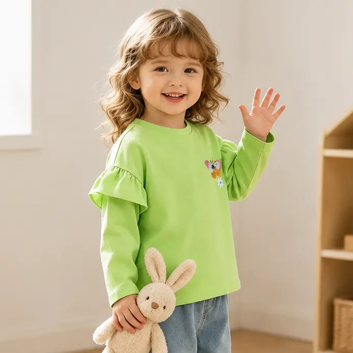 （Please Check Size Chart）Toddler Girls Butterfly Embroidered Ruffle Sleeve Long Sleeve T-Shirt, Cute Crewneck Casual Kids Top for School, Playdates, Travel, Outdoor Activities and Daily Wear