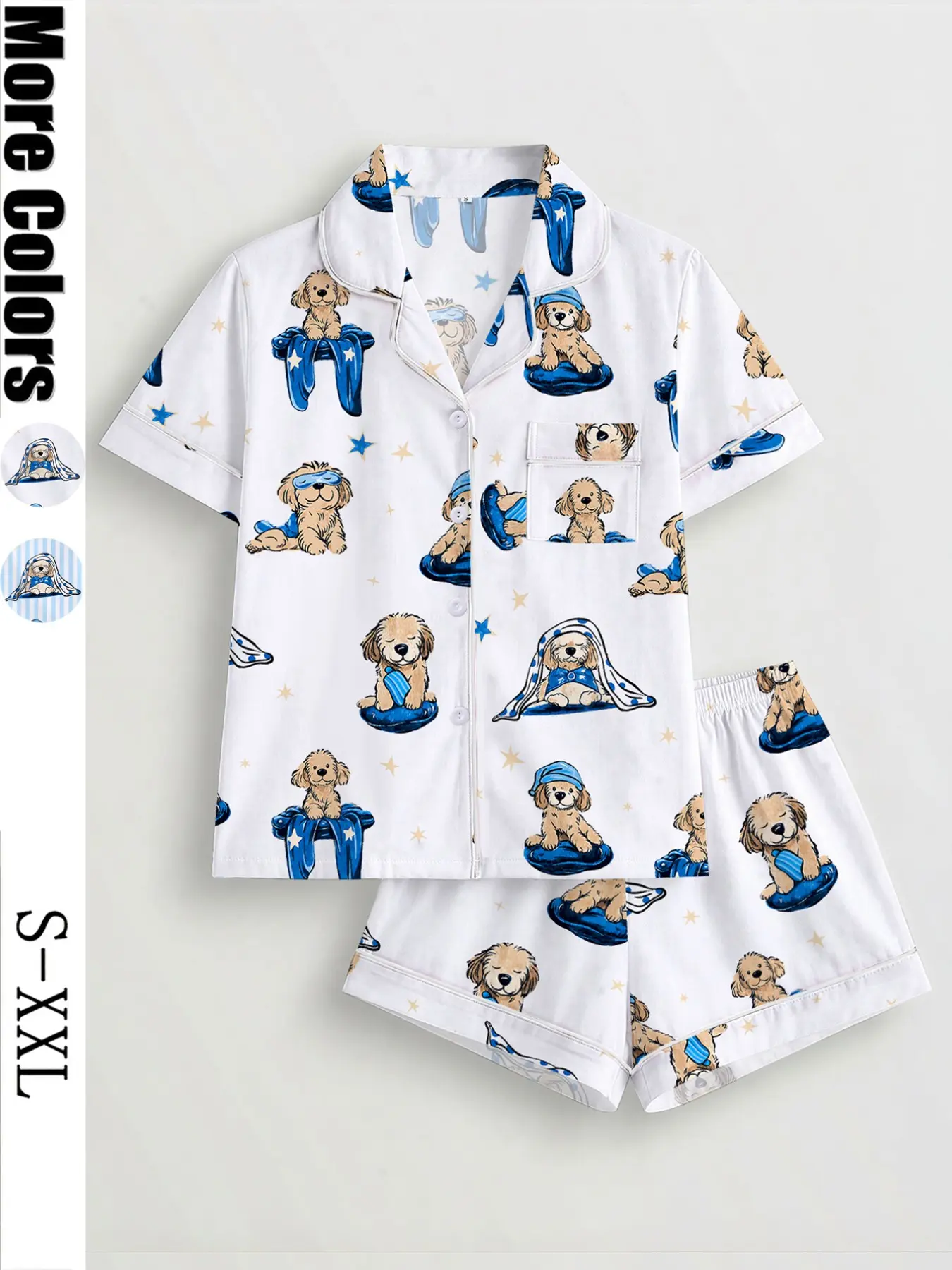 Women's Cartoon Dog Print Pajama Set, Short Sleeve Button Shirt and Elastic Shorts, Casual All-Season Sleepwear, Comfortable Home Wear Loungewear