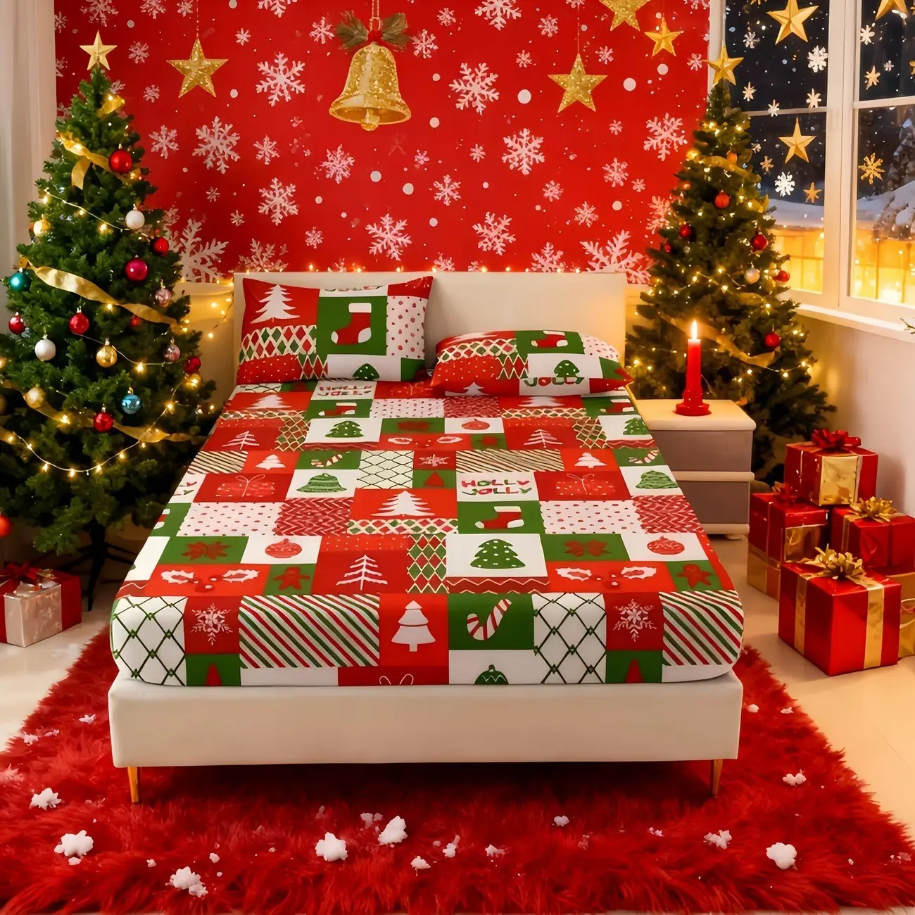 3-Piece Christmas Bed Sheet Set, Tree/roebuck/snowman Patterns, Soft, Full/large/x-Large, All-Season Use