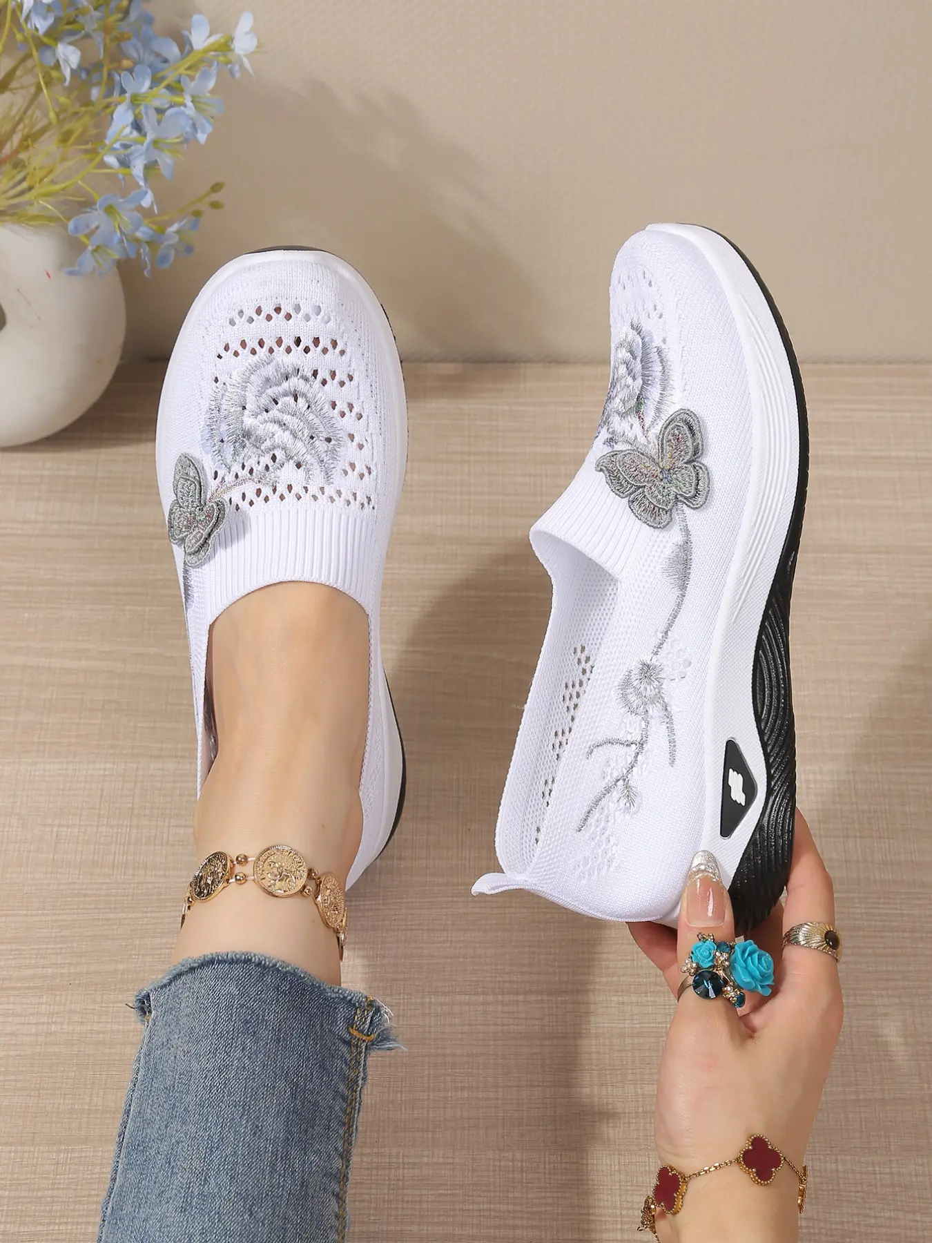 New Traditional Butterfly Embroidered Hollow Out Mesh Women's Shoes, Lightweight Thick Sole Comfortable Office Wear Casual Breathable Footwear, Home Office Shoes