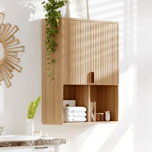 Fluted Wall Mounted Bathroom Cabinet, Over-The-Toilet Space Saver Medicine Cabinet with 2 Doors, Adjustable Shelves & Open Storage for Bathroom, Laundry Room, Kitchen & Living Room