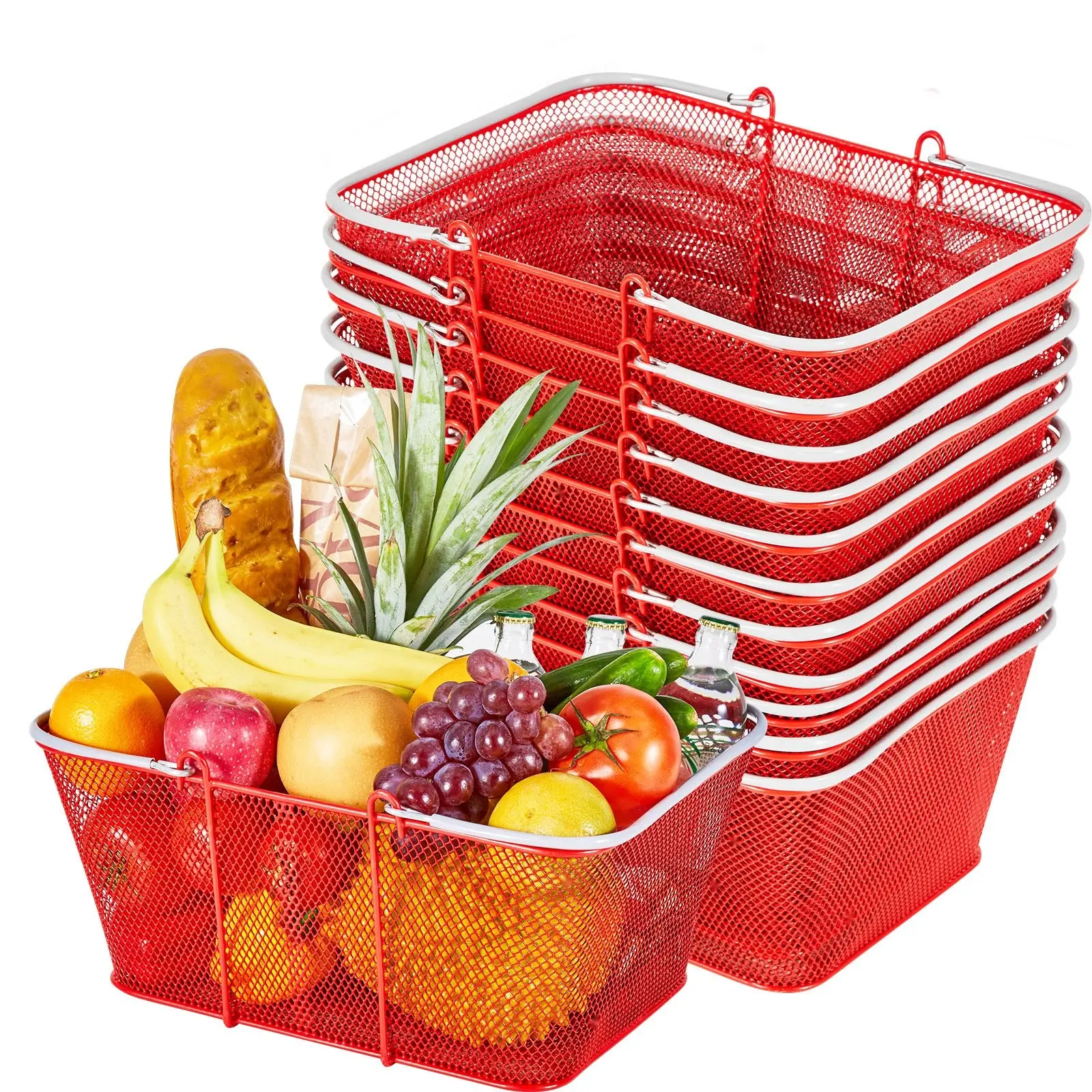 12-Piece 22L Stackable Metal Shopping Baskets with Handles, Dense Mesh Construction, Supports Up To 44 lbs, Portable for Grocery Shopping, Retail Stores, Supermarkets, Bookstores, Home Use, Red