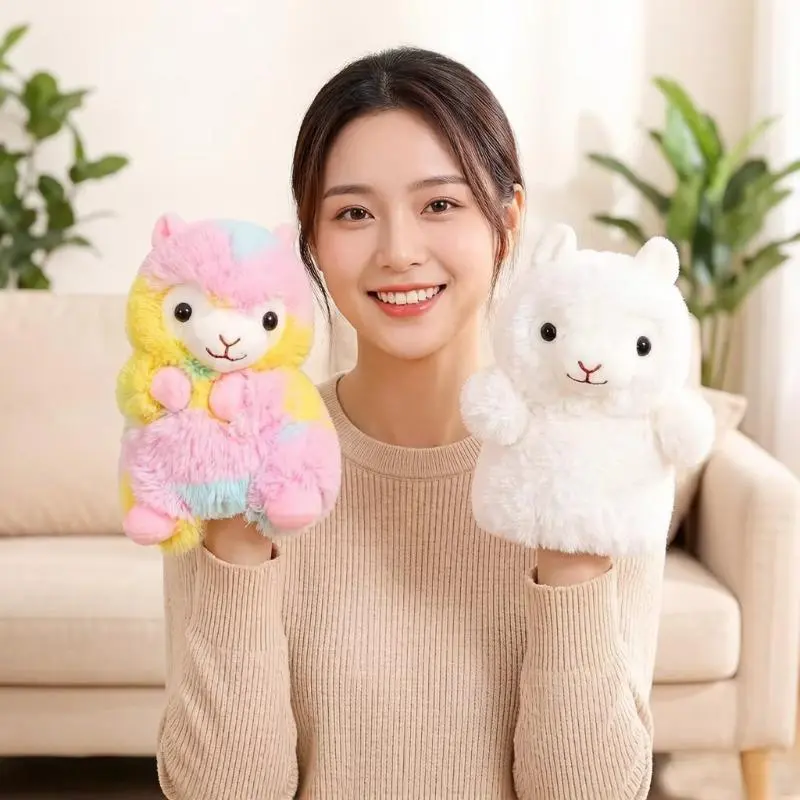 20cm Cute Alpaca Plush Hand Puppet Fluffy Cartoon Grassland Animal Rainbow White Small Plushie Interactive Education Prop Gift