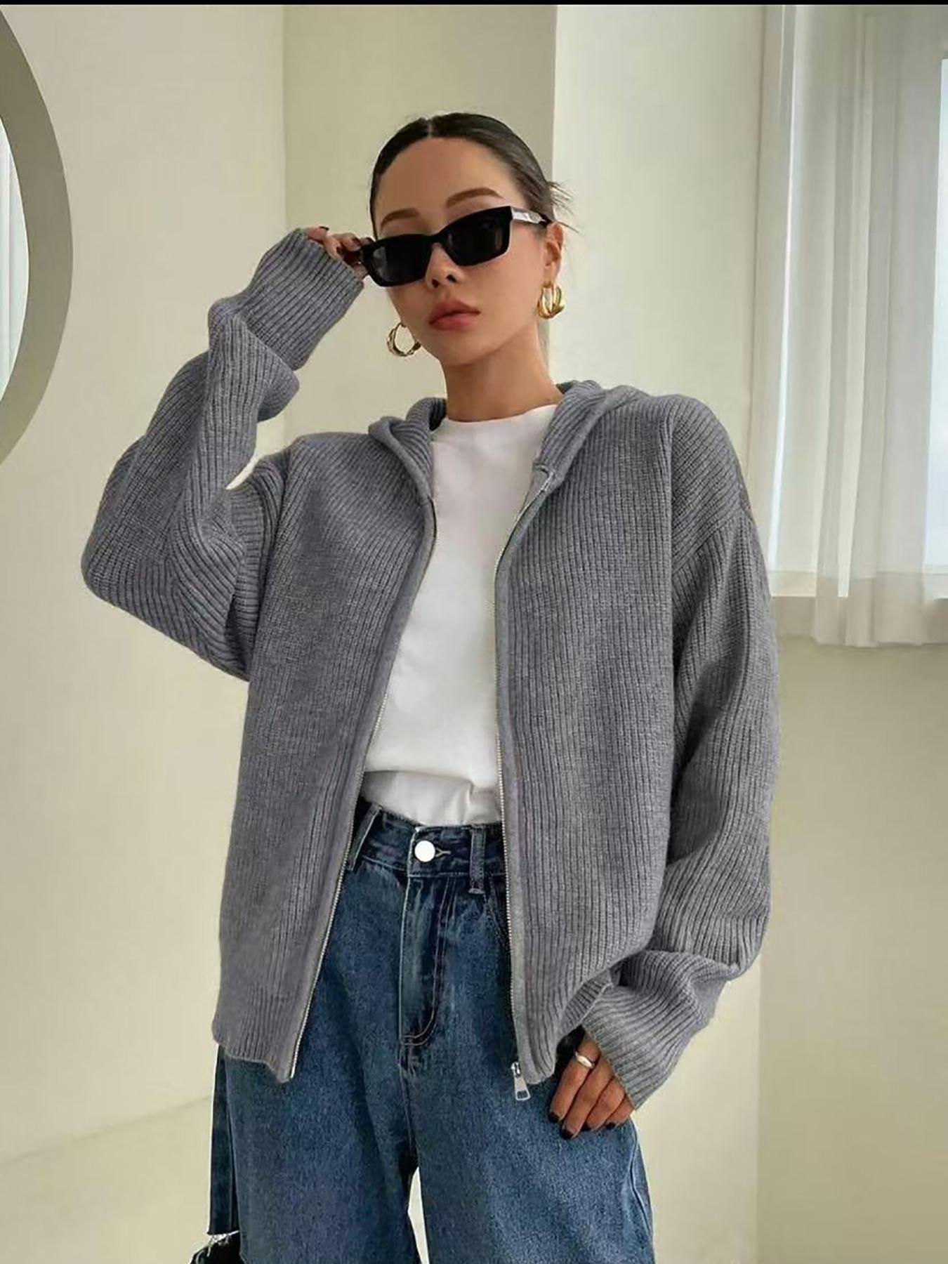 Women's Solid-Color Zip-Up Hooded Cardigan, Womenswear Casual Fit Basic Long Sleeve Knitting Knitwear for Fall & Winter, Ladies' Fashion Sweater for Daily Wear
