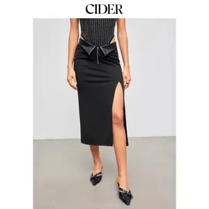 Cider [size 2-10] Turn-Up Mid Rise Solid Zipper Split Maxi Skirt