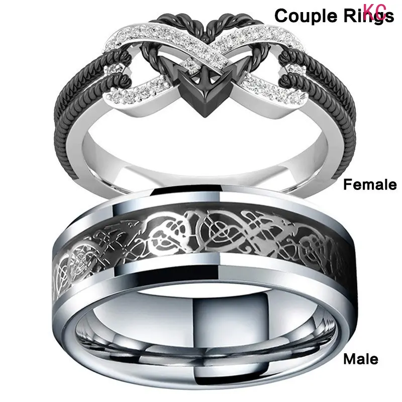 Stainless Steel Black Heart Couple Ring Set, Versatile Finger Jewelry For European And American Couples Daily Outfit Matching Accessory