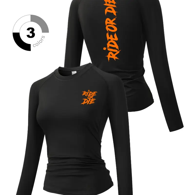 Women's Graphic Long Sleeve Sporty Top, Athletic Fitness Top, Workout Tops, Round Neck Quick-Dry Breathable Stretch Yoga Running Training Shirt for Spring & Fall