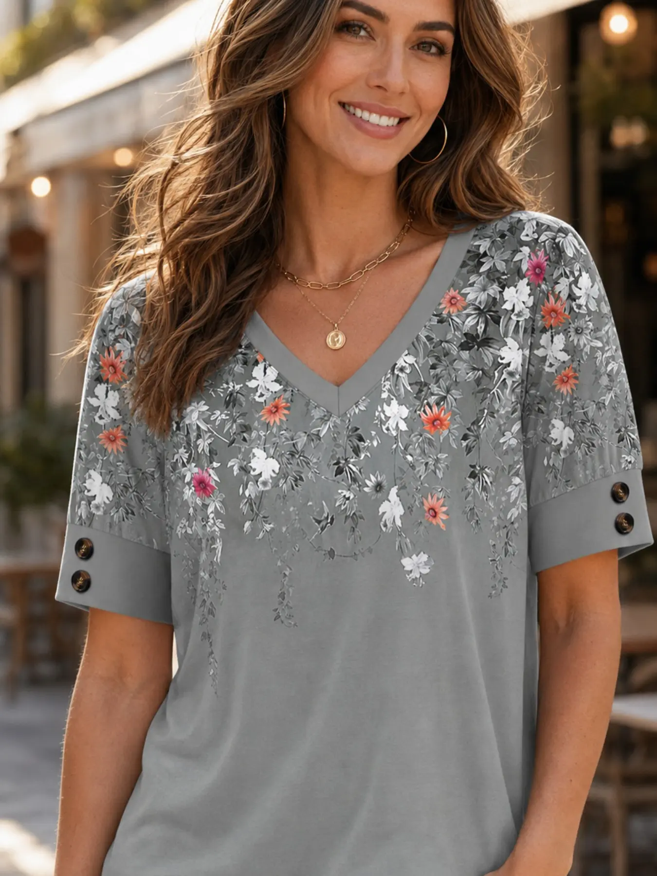 Women's Short Sleeve Button V-Neck Floral Shirt, Spring Summer Fashion Top, Plus Size Elegant Casual Blouse, Stylish Ladies' Clothing