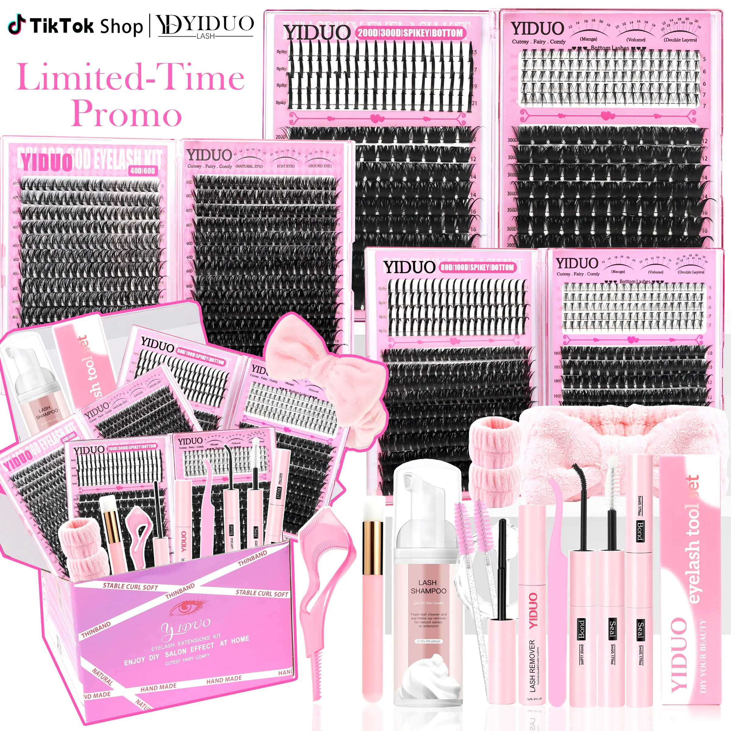 【Black Friday】YIDUO 1520PCS DIY Lash Extensions Kit 8 Styles D Curl Cluster Lashes Fluffy Wispy Spiky Bottom, All-in-One with Bond Seal Remover Shampoo Mascara Shield Tweezers Headband, Easy Apply Long Lasting, Perfect Gift Set for Beginners