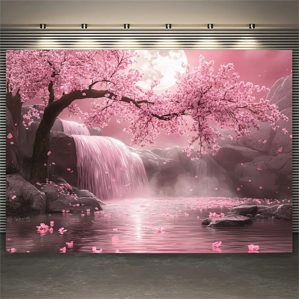 1pc Artistic Pink Sakura Cherry Blossom Tree & Waterfall Japanese-Inspired Polyester Wall Art Print - Floral Aesthetic Pattern, Bedroom Decor, Accent Wall, Home Inspo, Easy-to-Hang 2D Flat Indoor Hangable Decor No Electricity Needed, Nature Art