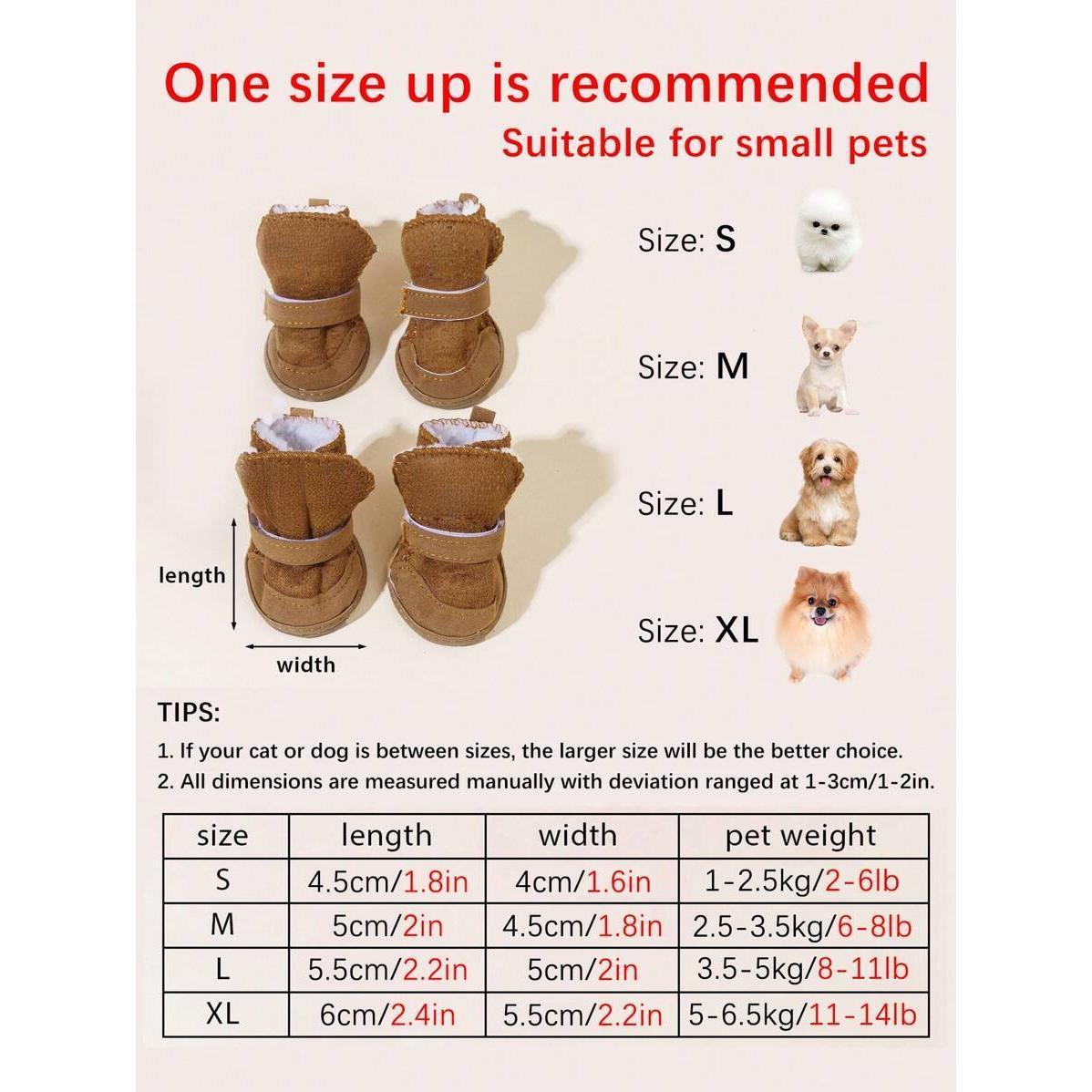 4pcs Plus Fleece Thick Pet Snow Boots Brown Polyester Universal Fit for Small Medium Cats Dogs Indoor Outdoor Wear Kitten Shoes Winter Outfits