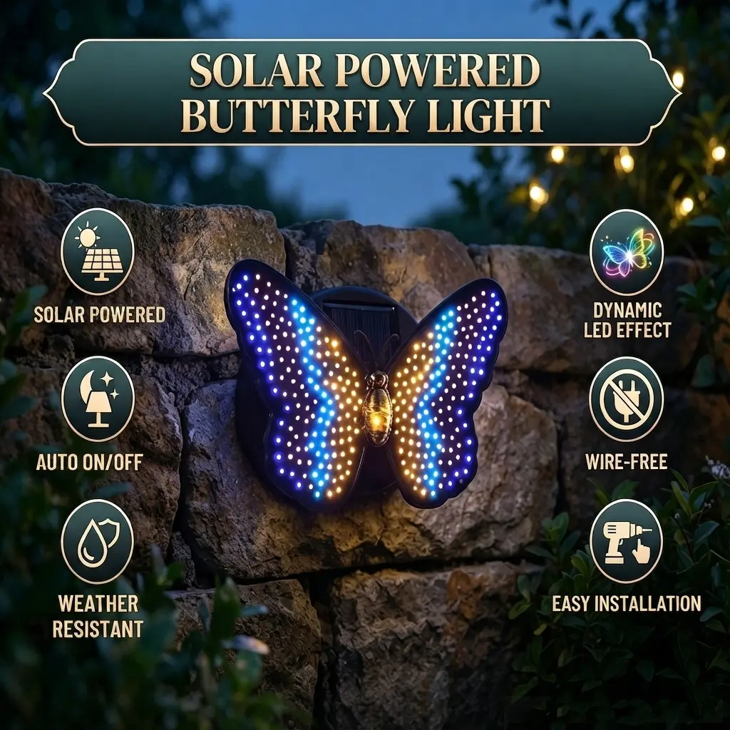 Solar Butterfly Garden Decor Lights, waterproof design, automatic day-night illumination with vivid dynamic lighting effects. Suitable for courtyards, patios, walkways, porches and lawns.