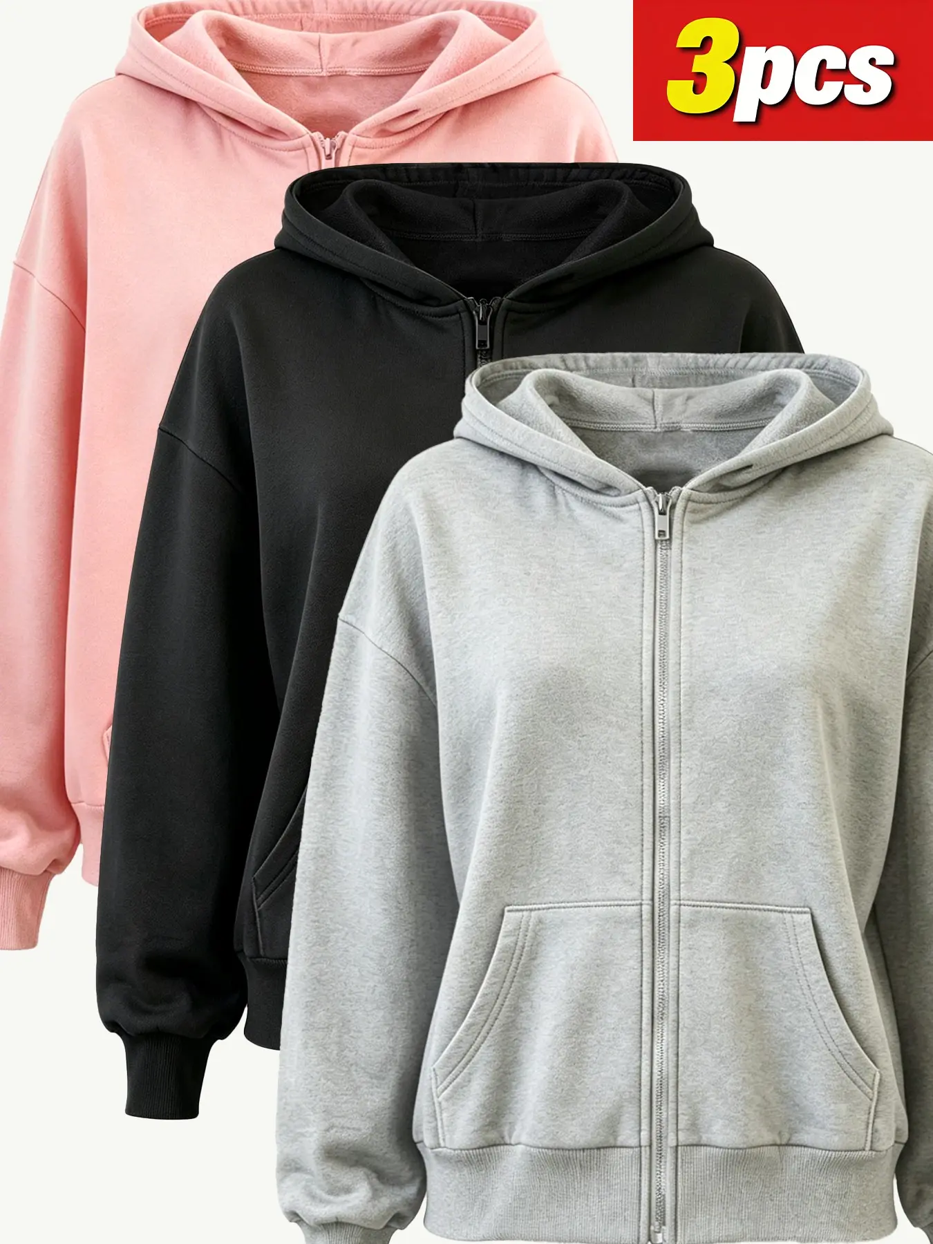 Women's Fashion Casual Solid Color Hooded Jacket Set, Three-Piece Pack, Zipper Design, Stylish Outerwear for Everyday Wear