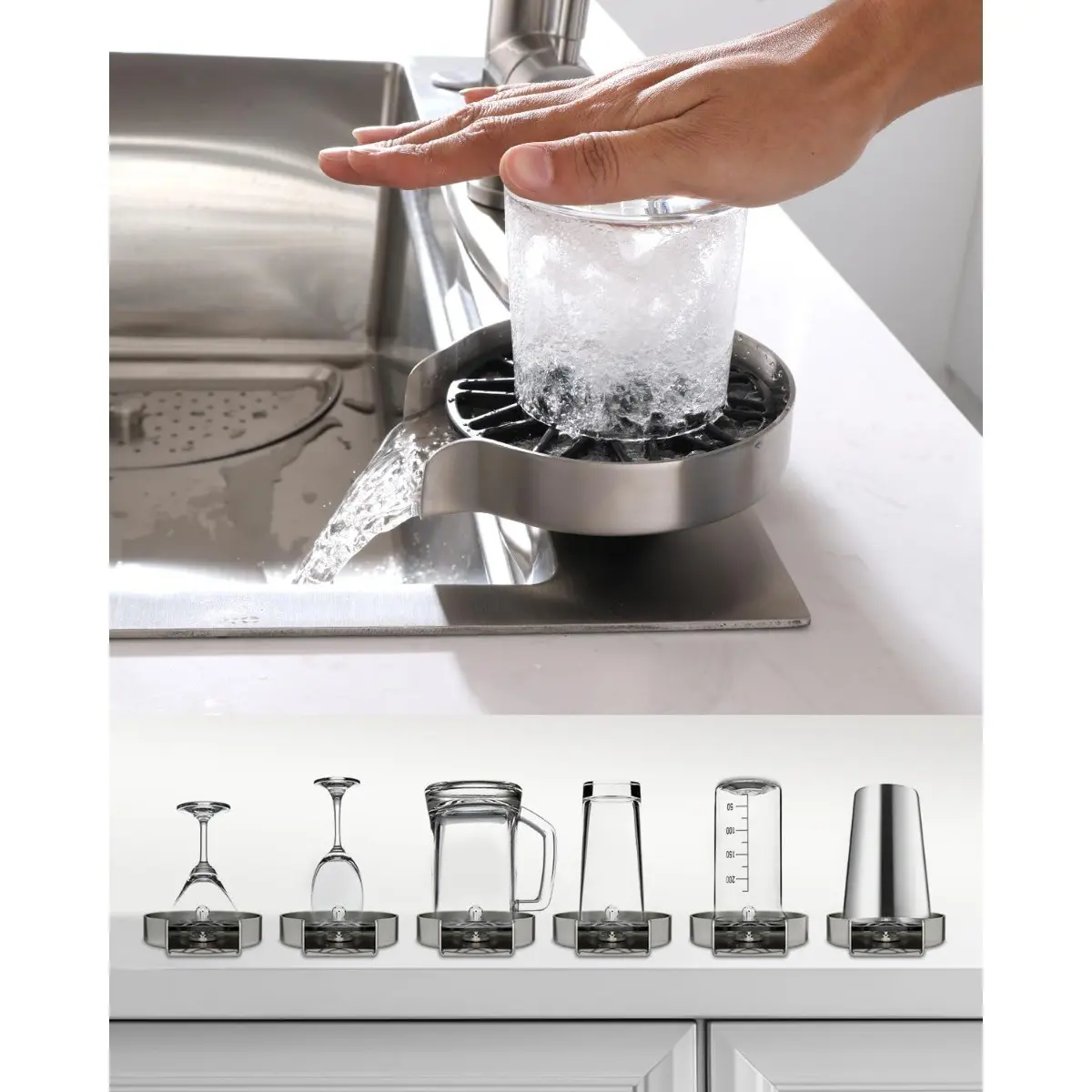 Universal Sink Glass & Bottle Washer - Quick-Fill Stainless Steel Rinser for Wine Glasses, Cups, and Feeding Bottles | Water-Saving, Splash-Free, Easy Install