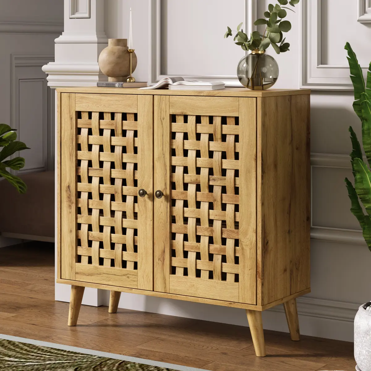 [Bellemave]Storage Cabinet with 2 Basket Weave Wooden Doors, Coffee Bar Cabinet with Adjustable Shelves, Vintage Buffet Sideboard for Living Room, Hallway, Entryway, Dining Room, Natural Wood Color On-Site