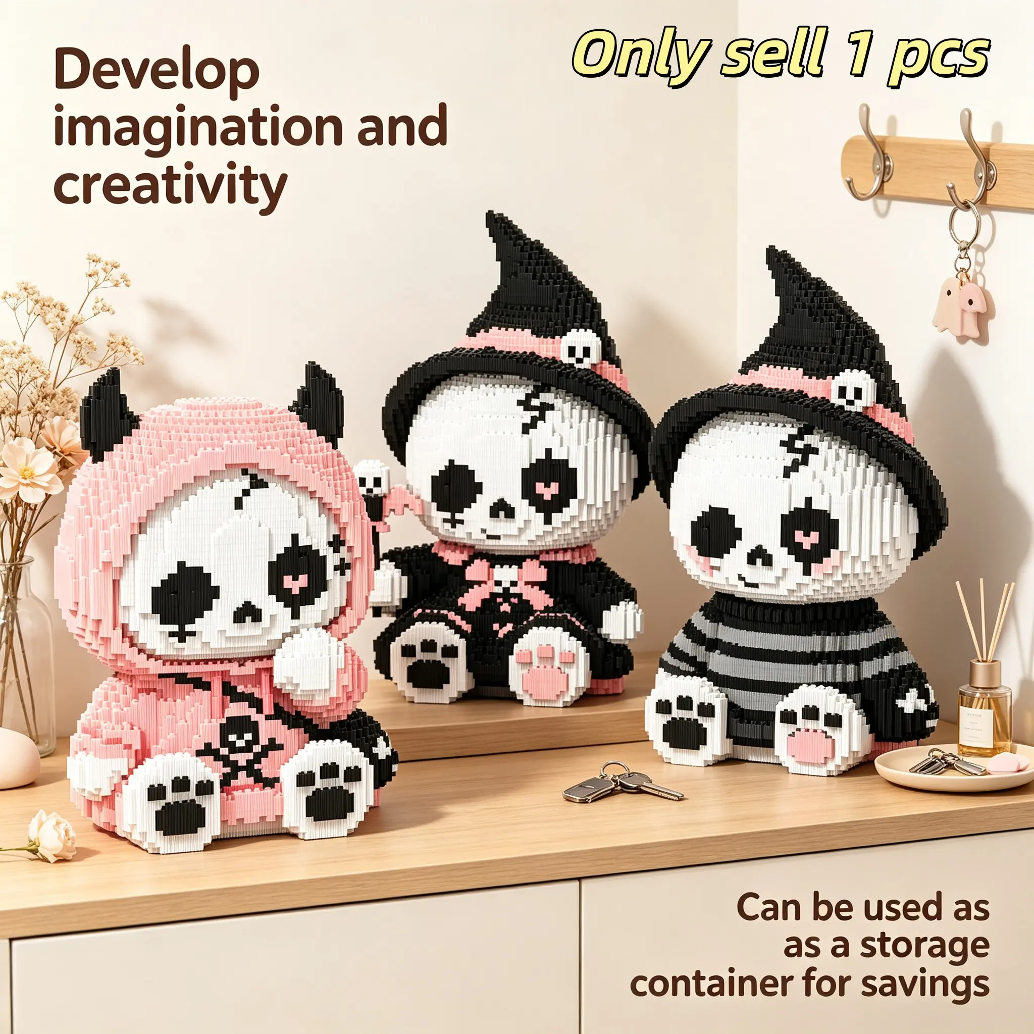 Bj Skull Panda 3D Building Block Ornament, Perfect for Home Decor, Party Decoration, Ideal Gift, Handmade Craft, Lightweight Statue