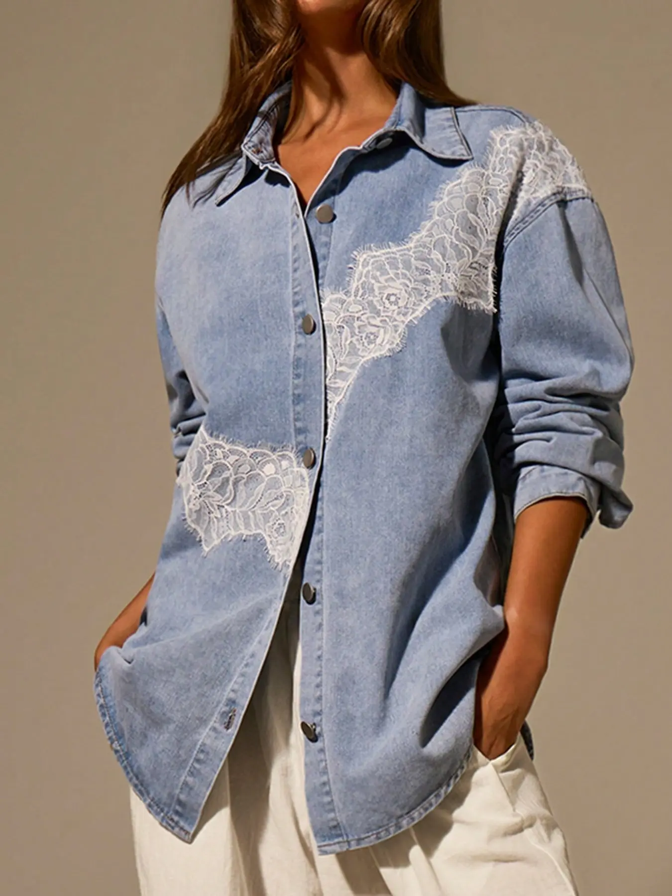 Pure Desire Style Lace Patchwork Denim Shirt, Y2K Irregular Denim Jacket, Loose Casual Top, All-Season Fashion, Plain Surface, Unlined