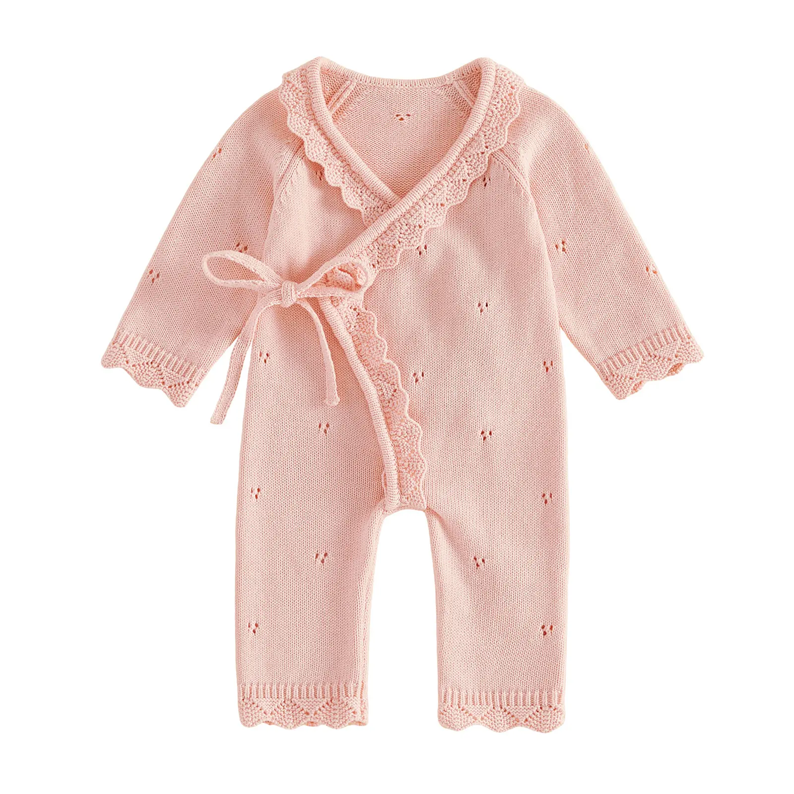 Newborn Unisex Knit Warp Romper Jumpsuit - Long Sleeve, Lace Trim, Tie-Side, Kimono Bodysuit, Casual Baby Clothes for Coming Home, Baptism Wear, Cotton Blend