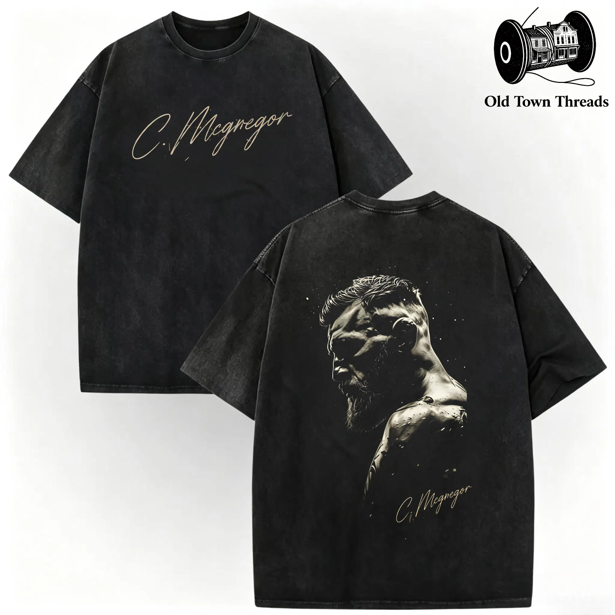 100% Cotton UFC329 T-Shirts, Vintage Black Washed Tee Featuring C. McGregor Signature And Artistic Portrait Print, # UFC329 # ConorMcGregor # 69Seconds # BlessedMMA # UFCInternationalFightWeek