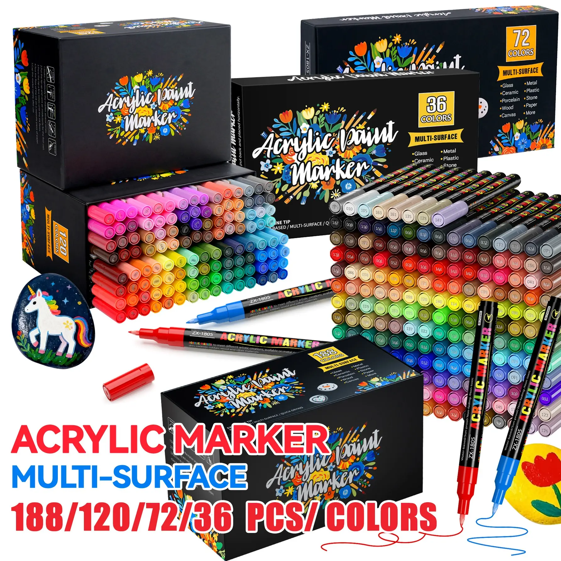 36/72/120/188 Color Markers Set, 0.7mm Fine Tip, Fast-Drying, Smooth Ink, Ideal for Paper, Wood, Stone, Glass, Metal, Ceramic, Plastic, Canvas, Art Supplies, Office Use