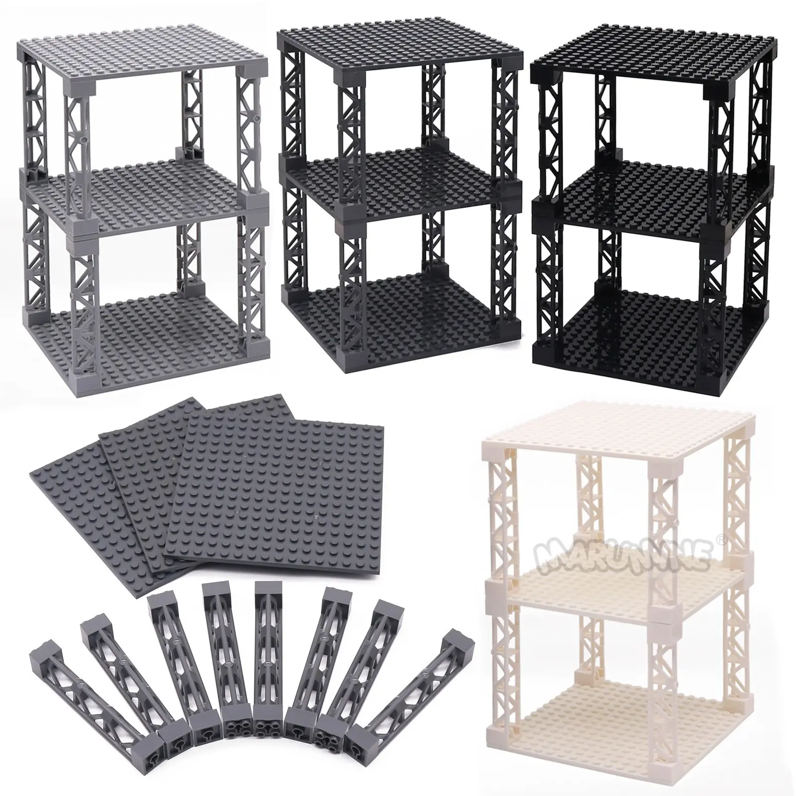 Small Particle Building Blocks Parts 16x16 Baseplate with 2x2x10 Iron Frame Support, MOC Bricks Floor Board Compatible 91405 58827