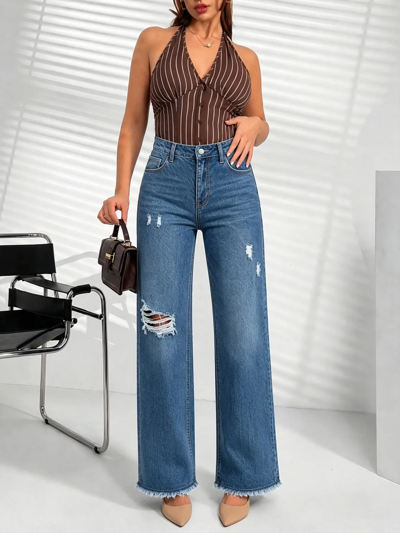 Women's Ripped Denim Jeans, Washed Elastic Comfortable Fabric, Long Mid-Waist Fitted Pants, Blue Zipper Fly, All Seasons Fashion