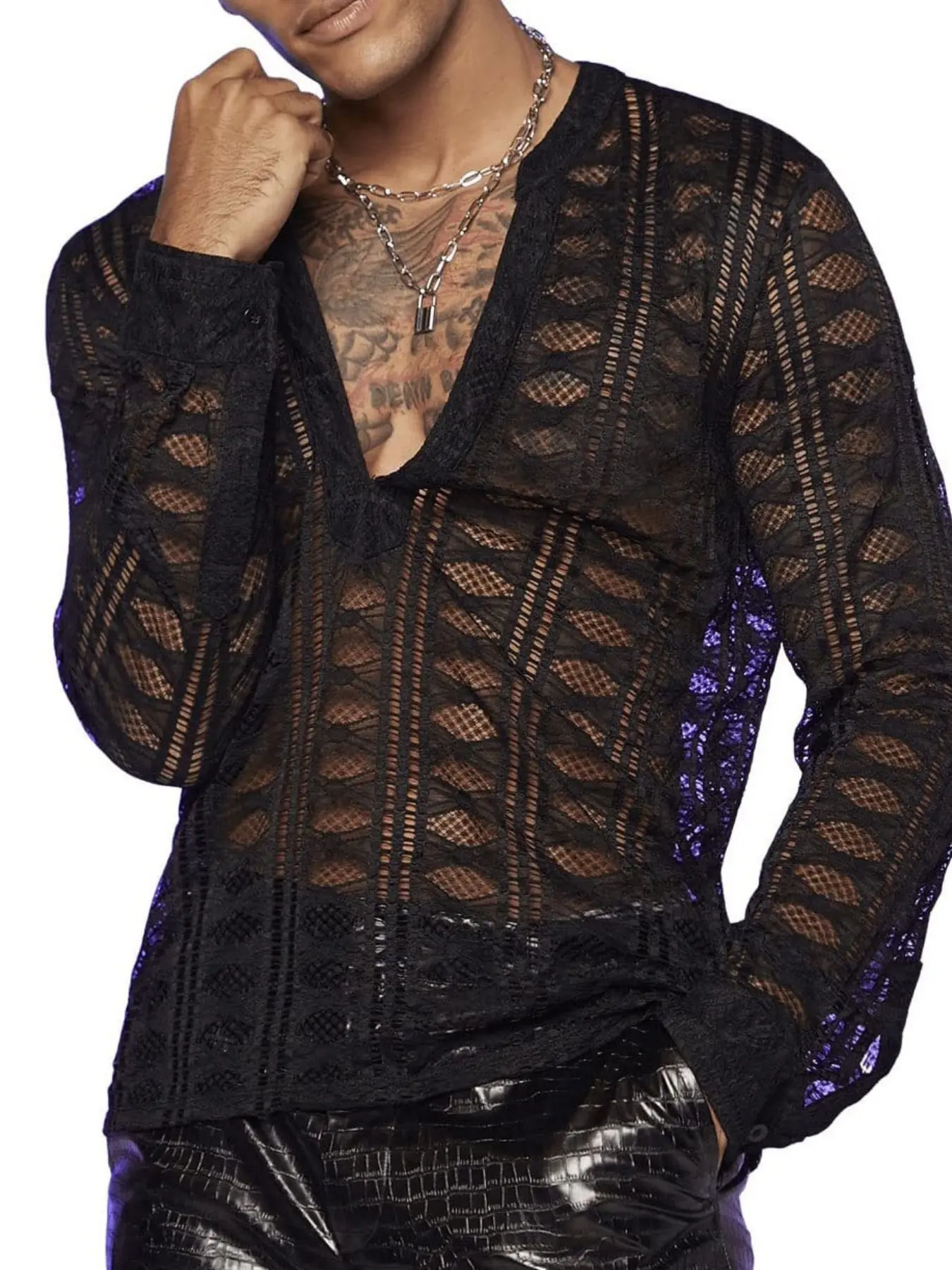 Men's Fishnet Long Sleeve Shirt, Cutout Neck Hollow Out Blouse, European and American Style Men's Clothing, Available Now