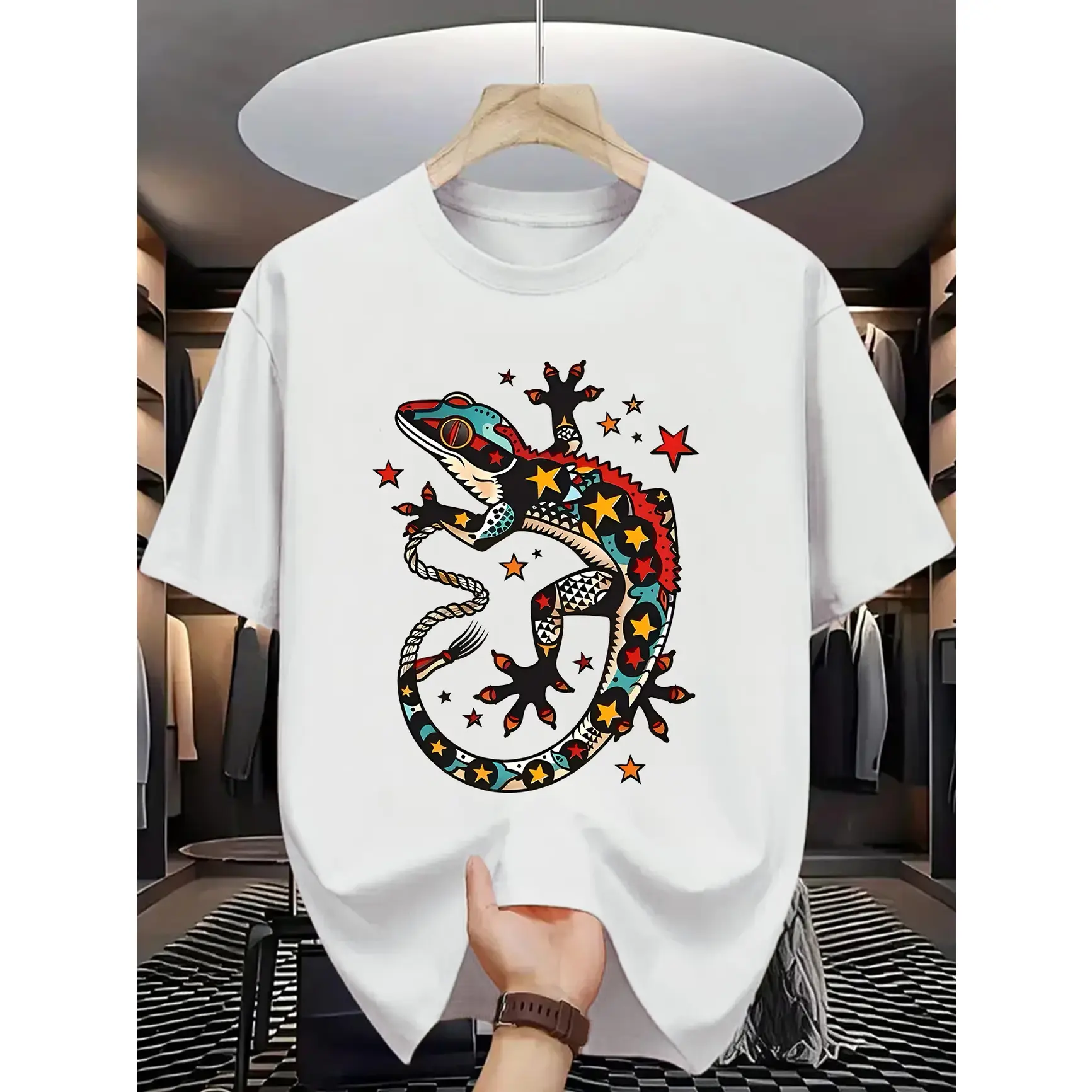 Men's Tattoo-Style Star Gecko Lizard Graphic Oversized Streetwear T-Shirt - Colorful, Comfortable Cotton, Short-Sleeve, Round Neck Retro Casual Outfit - Ideal Gift for Lovers, Valentine/Birthday/Holiday Present, Shortsleeve