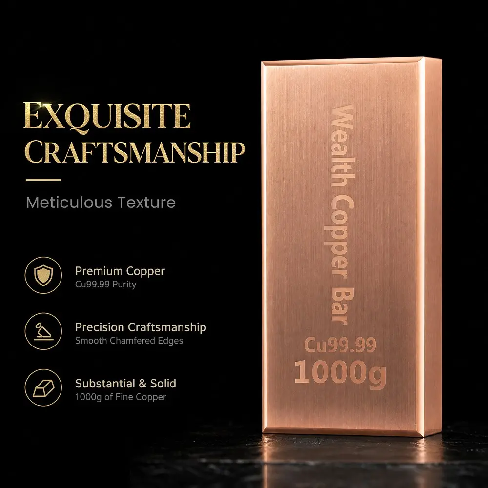 1000g Pure Copper Bar, 99.9% Investment Copper Strip, Solid Wealth Copper Plate, High Purity Anti-Oxidation Desktop Decorative Piece