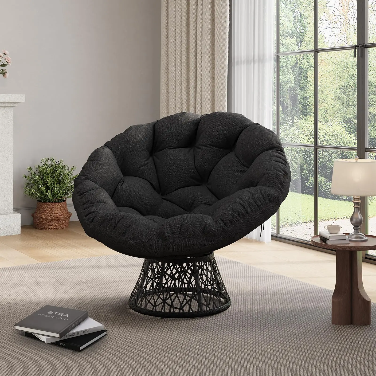 Garvee 360° Swivel Papasan Accent Chair, 40" Ergonomic Wicker Round Moon Lounge with Extra-Thick Soft Fabric Cushion, Heavy-Duty Steel Frame for Living Room/Bedroom/Reading Nook - All Black