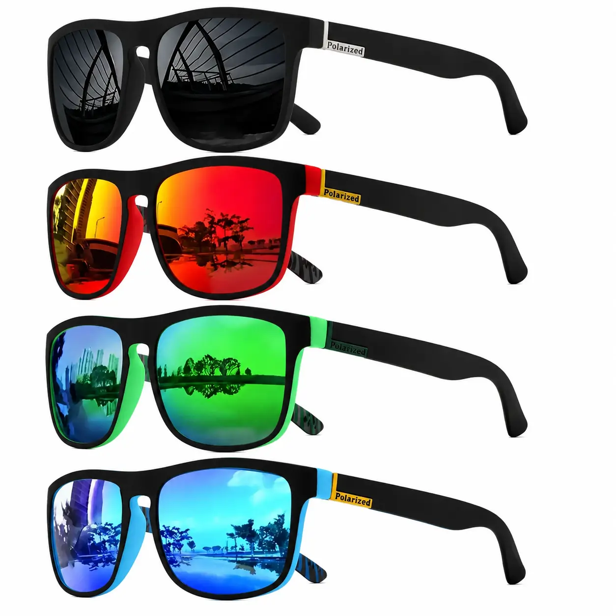 Unisex Lightweight Polycarbonate Square Polarized Sunglasses with UV400 Protection—Ideal for Cycling, Running, and Outdoor Sports—Four-Piece Pack for Men and Women, Durable Sport Eyewear with Comfort Fit and Scratch-Resistant Lenses