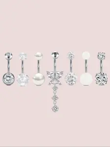 Women Stainless Steel Cz Belly Button Ring Set, Body Jewelry, Elegant Butterfly Dangle Design, Perfect Gift for Women & Girls, All Season Jewelry