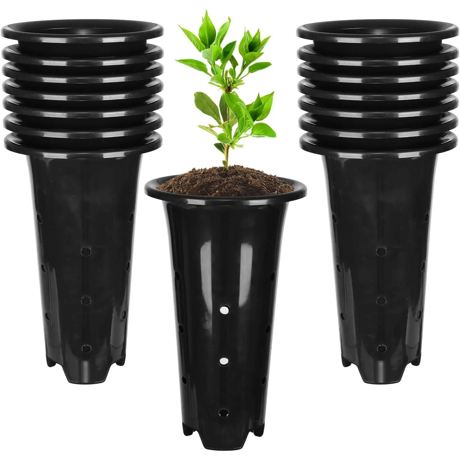 15pcs Plastic Deep Plant Nursery Pots,8.66”Tall Tree Pots,Black Deep Seedling Container Pots with Drainage Holes for Indoor Outdoor Gardening (5.3" Wx8.66 H)