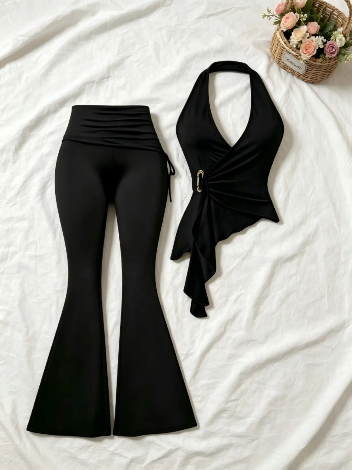 French Chic Aesthetic Women Halter Neck V-Neck Set, Pleated Waist Asymmetrical Top + Flare Pants Two-Piece, Elegant Casual Fashion Ensemble
