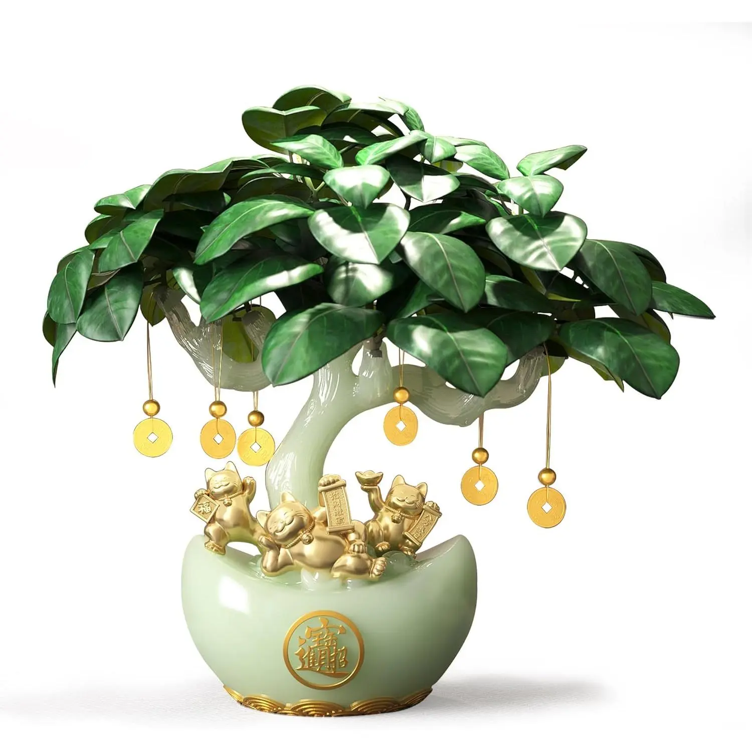 13.8in Large Artificial Chinese Money Tree Fengshui Ornaments - Elegant Wealth Blessing Decor with Synthetic Jade Base, Golden Fortune Cat, Yuanbao Flower Pot, Coin Pendants for Home/Office Housewarming Gifting, Holiday