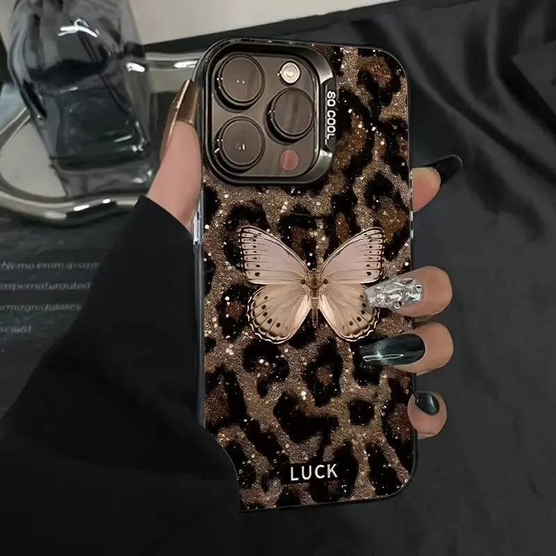 Glitter Brown Leopard Print Pale Butterfly LUCK IMD Mirror Phone Case for iPhone 17 16 15 14 13 12 11 Pro Max, Silver Makeup Mirror Back, Soft Shock Absorbing TPU Bumper, Raised Black Camera Frame, Vintage Y2K Wild Girl Slim Protective Cover