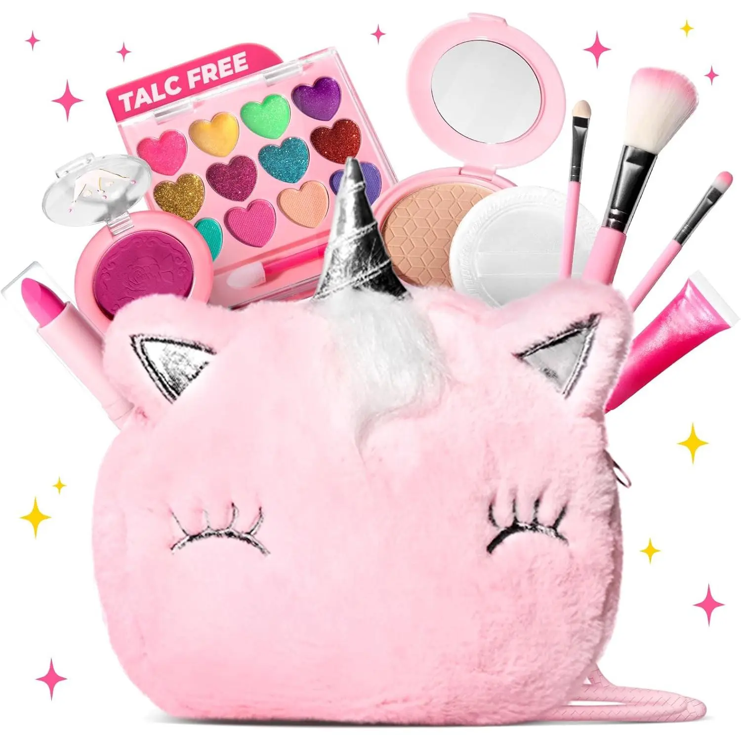 Talc-Free Real Kids Makeup, Mica-Based Washable Makeup Kit  Girls with Fluffy Unicorn Purse - Hypoallergenic Makeup  Sensitive Skin Kids - Gift  5 -8 Years Old Girls Birthday
