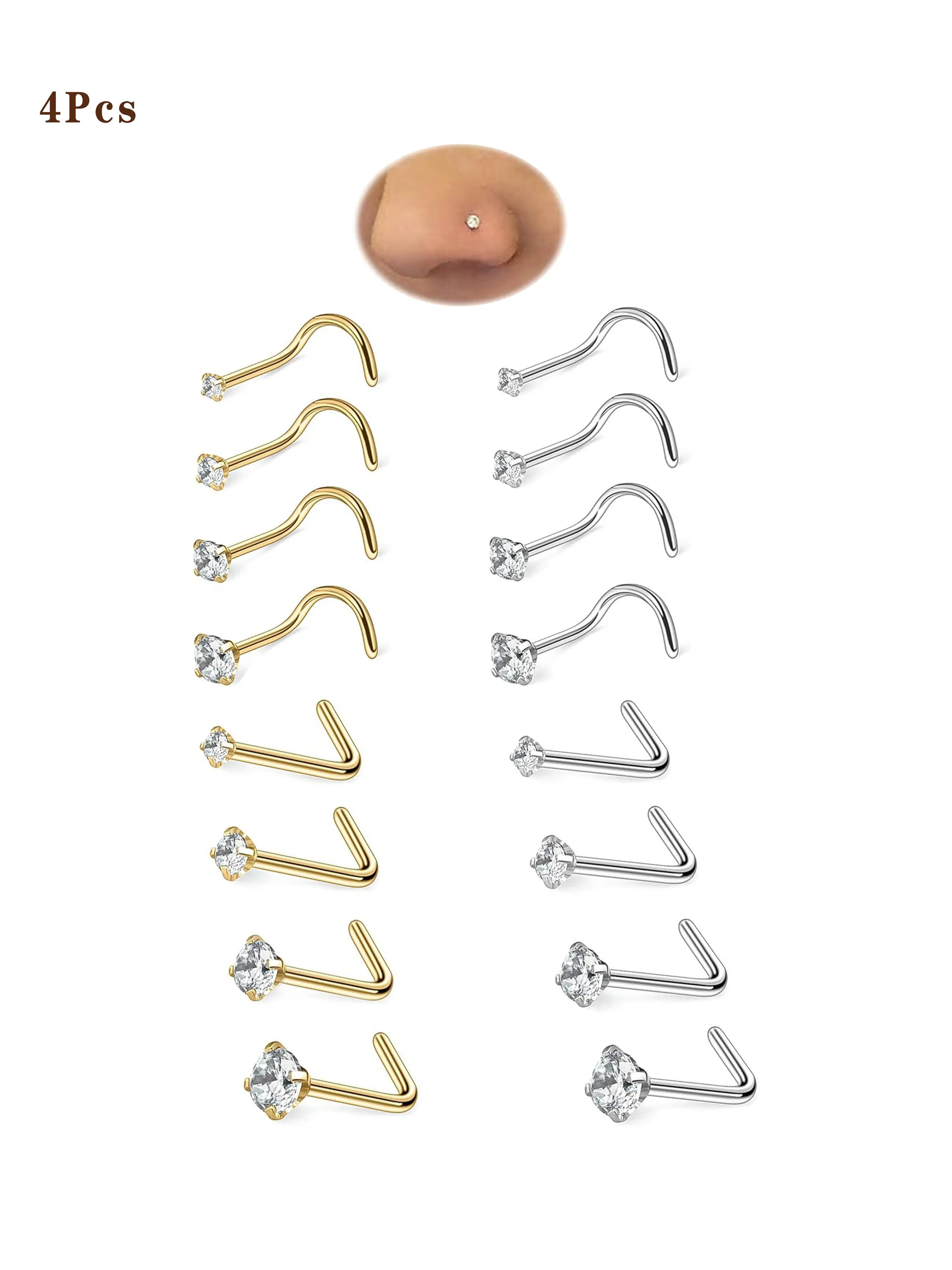4Pcs 20G Nose Rings Studs for Women, 1.5-3mm Hypoallergenic Cubic Zirconia Surgical Steel Nose Piercing Jewelry, Body Piercing Jewelry, Wedding & Christmas Gift, Piercings Jewelry